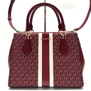 Michael Kors Marilyn Medium Signature Logo Stripe Satchel Bag Cherry